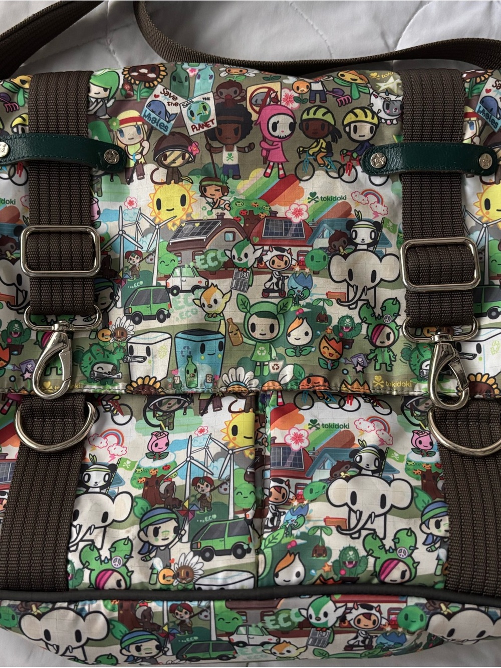 tokidoki Cream Canvas Eco-Character Messenger Bag with Brown Straps